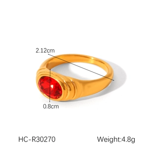 Detailed size specifications of the gold star ring with red gem and clear dimensions