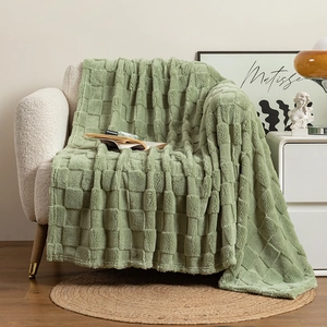 Close-up of sage green checkerboard textured plush blanket on a soft white sofa