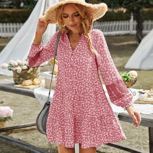 Pink floral A-line dress with V-neck button front and lace splicing on long sleeves