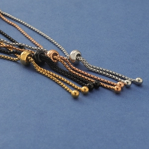 Adjustable stainless steel box chains with slider beads in four metallic finishes