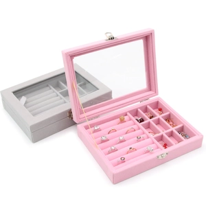 Pink and grey velvet jewelry box with glass lid for rings and earrings storage organizer