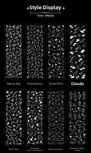 Detailed close-up of eight different laser sticker designs including stars and moons