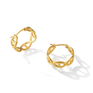 Minimalist 18k gold plated stainless steel oval link drop earrings on white background