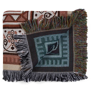 Close-up of Bohemian woven blanket featuring geometric ethnic patterns and tassel fringes