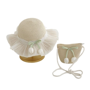 Girls' summer straw sun hat with tulip charm and matching bag set for beach protection