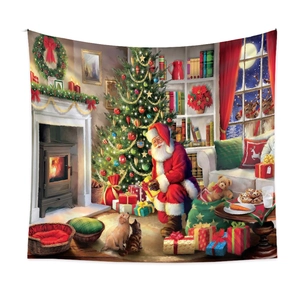 Detail eines Weihnachtswandteppichs mit Weihnachtsmann und Kamin für Zimmerdekoration
