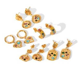 Golden 18K stainless steel earring set with heart shapes and colorful rhinestones