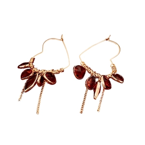 18K gold plated vintage hoop earrings with red glass hearts and long chain tassels