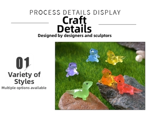 Detailed view of colorful translucent resin dinosaur figurines in a garden landscape