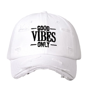 White distressed cotton baseball cap with GOOD VIBES ONLY embroidery and ripped detail