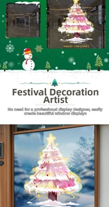 Detail of pink Christmas tree window stickers with cute snowmen and holiday decorations
