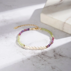 Handmade S925 silver bracelet with natural lepidolite, peridot and freshwater pearls