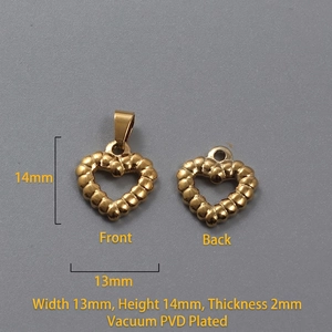 Detailed view of 18k gold heart charms with 13mm width and beaded texture finish