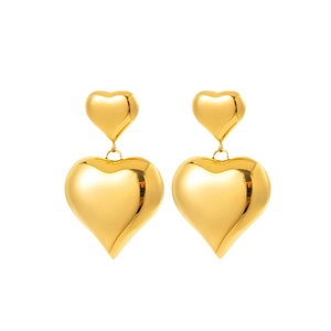 Polished gold stainless steel heart earrings with double layered geometric design