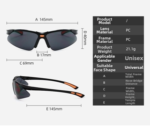 Detailed size chart for cycling sunglasses showing frame width, lens dimensions and PC material