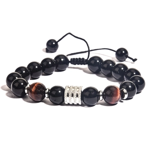 Bracelet ajustable en oeil de tigre et obsidienne pour homme avec perles en argent