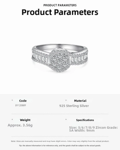 Detailed size specifications for a sterling silver 5A zircon cluster ring, 9mm width