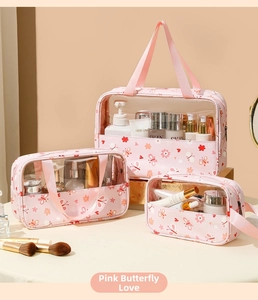 Three-piece pink butterfly floral makeup bag set with transparent PVC and leather