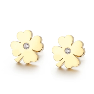 Elegant gold clover stud earrings with clear zircon stone in minimalist hollow design