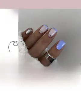 Short square press-on nails with blue and white French tips and silver glitter finish