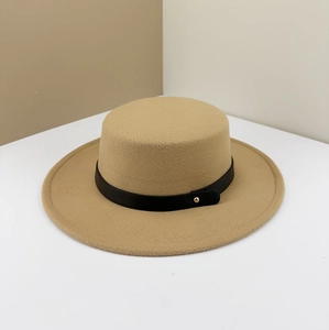 Khaki wool felt boater hat with black decorative belt and gold metal button accent