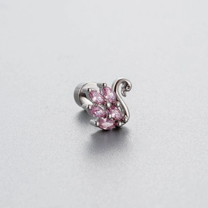 Silver swan stud earrings with pink marquise zircon wings and flat back closure