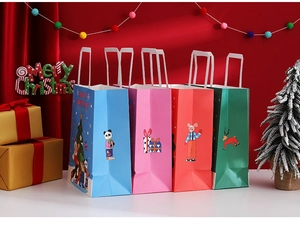 Detailed view of four colorful Christmas gift bags with cartoon holiday illustrations