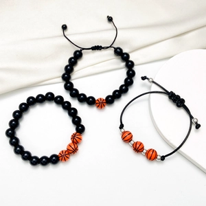 Dreiteiliges Basketball-Themen-Armbandset mit verstellbaren Perlen und geflochtener Schnur