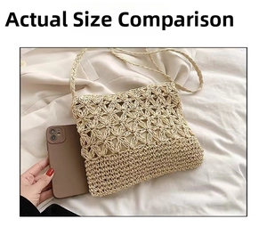 Detailed size comparison of the hollow flower straw crossbody bag with a smartphone