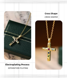 Detailed macro view of gold cross pendant with colorful zircon stones on S925 silver chain