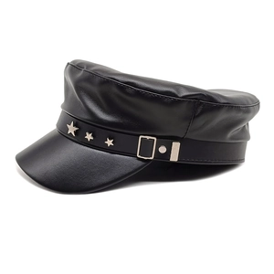 Classic black PU leather newsboy cap with silver star buckle detail on white background