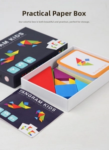 Detailed view of colorful wooden tangram pieces with pattern cards and storage box