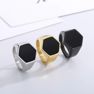 Men Hexagon Signet Ring Stainless Steel Black Enamel Geometric Hip Hop Punk Style Jewelry For Men
