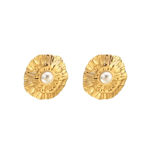Gold-plated pleated petal disc earrings with white faux pearl center on white background