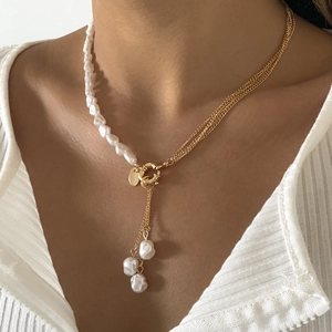 Baroque irregular pearl tassel necklace with geometric multi-layer gold chain for women