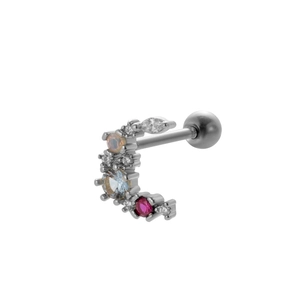 Detail of silver screw back cartilage earring with colorful gems and opal stones