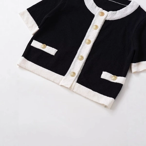 Slim fit contrast tweed short sleeve knit jacket with elegant gold embossed buttons