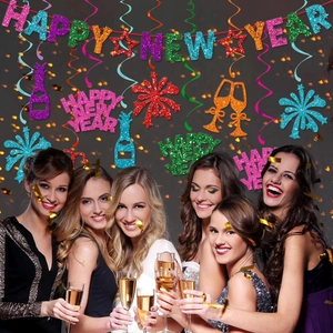 Glitter Happy New Year banner and spiral hanging decorations for 2026 party decor