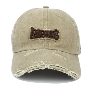 Detail of khaki distressed baseball cap with 3D embroidered Angels patch and frayed edges