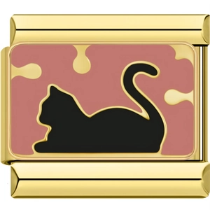 Detailed view of pink enamel cat charm for modular bracelets with golden metal trim