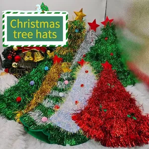 Christmas Tree Hat Tinsel Metallic Foil With Star Topper And Pom Poms Festive Holiday Party Costume Headwear Accessories