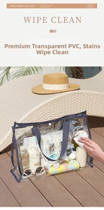 Detail of waterproof transparent PVC toiletry bag with navy trim and travel essentials