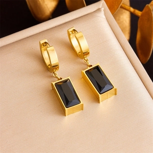 Fashion Retro Black Gemstone Square Geometric Pendant Stainless Steel Drop Earrings For Women Gold Plated Rhinestone Jewelry