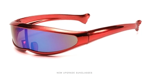 Macro detail of red Y2K dolphin sunglasses with purple lenses and wrap-around frame