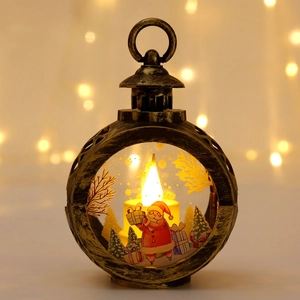 Close-up of a vintage Christmas lantern with Santa Claus illustration and warm LED candle