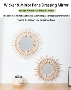 Detail of round handmade wicker vanity mirrors with woven willow frames on white wall