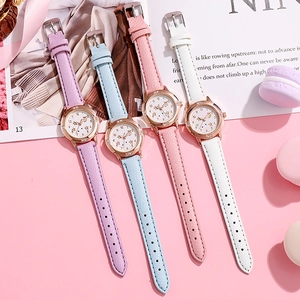 Montre quartz femme or rose lumineuse avec bracelet en cuir et cadran étoiles et lune