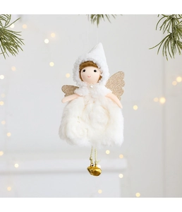 Detailed view of plush Christmas angel ornament with golden wings and bell accents