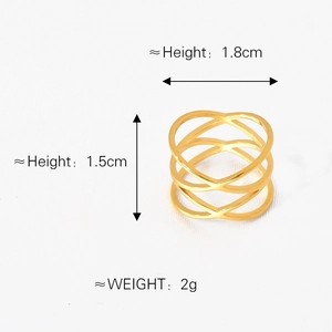 Golden multilayer crisscross cutout ring for women, 1.5cm height stainless steel design