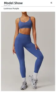 Detail of high-waist seamless yoga leggings and strappy sports bra in glazed purple